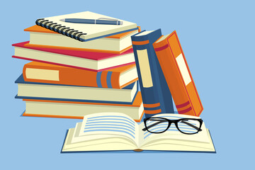 A stack of books and notebooks, glasses