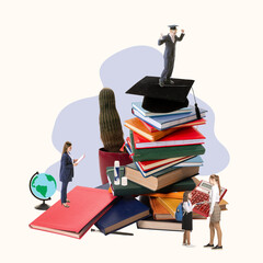 Contemporary art collage. Students and school girls surrounded by many books and school supplies,...