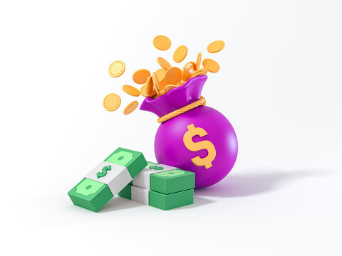Stack dollar bills with Purple money bag with golden coins. Concept of attraction coins. Financial metaphor, revealing the concept of cashback and making money. 3d render