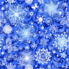 Frosty blue Christmas pattern with stylized lacy snowflakes, butterflies and leaves. Seamless texture. Vector eps 10