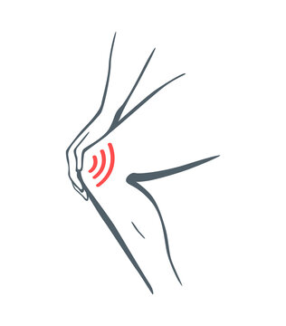 recommend clip art: Body part pain. Man feels pain in leg or knee marked with red lines. Vector foci of pain or trauma symbols, grey art line illustration
