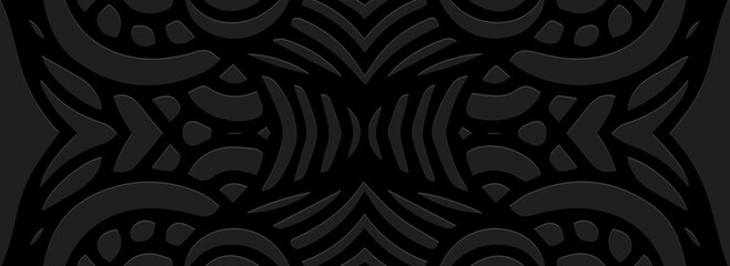 Art banner, cover design. Dynamic geometric ethnic large 3d pattern on black background, art deco relief texture. Vector graphics for business background, magazine layout, brochure, booklet, flyer.
