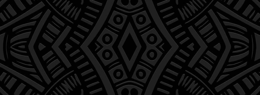 Banner, cover design. Dynamic geometric ethnic large 3d pattern on a black background, embossed decorative texture. Vector graphics for business background, magazine layout, brochure, booklet, flyer.