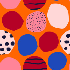 Vector seamless pattern with circles and ink texture. Bright and Bold background. Modern geometrical texture