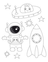 Space coloring page printable for children. Preschool Space. UFO, astronaut, rocket ship, alien. Vector illustration.