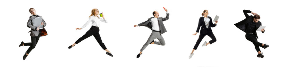Fototapeta na wymiar Set of emotional office workers jumping and dancing isolated on white background. Business, motion, immigration concept. Creative collage.