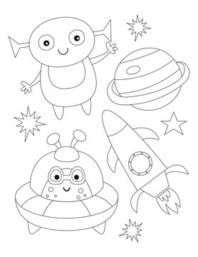 Space coloring page printable for children. Preschool Space. UFO, aliens, rocket ship, planet. Coloring Book. Vector illustration.