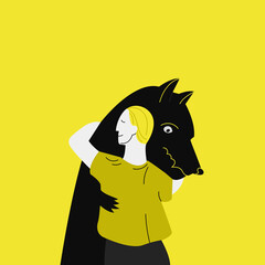 Psychological problem poster design. Fear of your inner monsters. The concept of battle and reconciliation with the inner self. Contour of a man hugging a big wolf