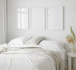 Mock-up poster frame in bedroom, Scandinavian style, 3d render - obrazy, fototapety, plakaty