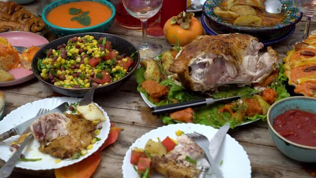 Food left after a family feast on Christmas or Thanksgiving. Holiday Leftovers.