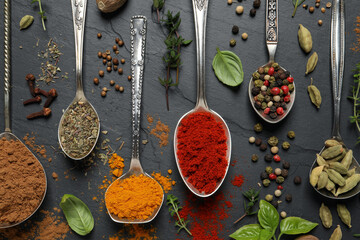 Different herbs and spices with spoons on black table, flat lay