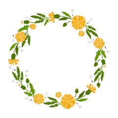 Decorative circular frame with with flowers, inflorescence and leaves of dandelions. Perfect as a photo frame, for scrapbooking, postcards, posters, invitation cards.