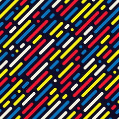 Abstract dashed background. Colored rounded lines and dots. Seamless vector pattern with repeating colors and shapes. Modern bright dynamic style.