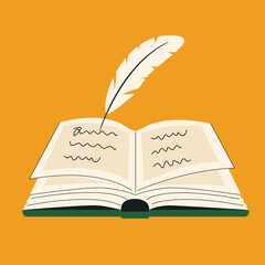 Open book with ink stylus. Writing book concept. Flat vector illustration of book.