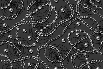 Seamless gray pattern with silver beads, strings of metal beads, stainless chains, linear black roses on dark background. Vector illustration