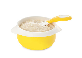 Plastic dishware with healthy baby food on white background