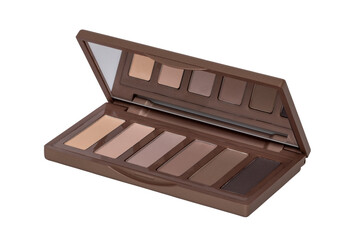 Cosmetic products isolated. Close-up of an elegant cosmetic brown multi-color box with mirror and eye shadow powder isolated on a white background. Clipping path. Macro.