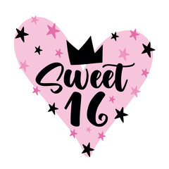 Sweet 16 - decorative greeting with heart, stars, and crown for Birthday.
