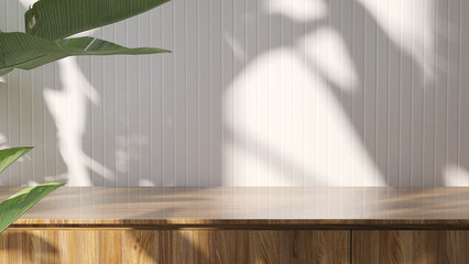 Realistic 3D render of spa like mock up background for products display overlay, shiny new wooden countertop with tropical plants and beautiful morning sunlight, leaves shadow. Blank space, Template.