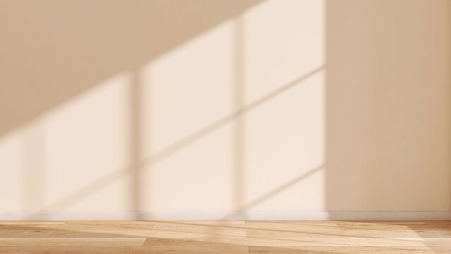 Beautiful sunlight and window frame shadow on beige blank wall inside an empty room, shiny new wooden parguet floor with white baseboard. Presentation background, Home, New, Living, Concept, 3D render