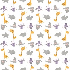 Pattern of cute hand-drawn animals. Giraffe, hippopotamus, octopus. Cartoon characters on a pattern for textile, fabric, wallpaper.