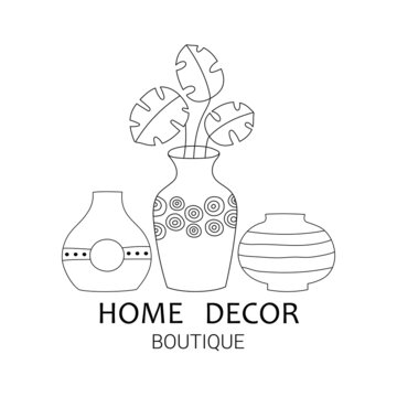 Home decor boutique logo design template. Line art. Set of clay pottery, ceramic pots, vases 