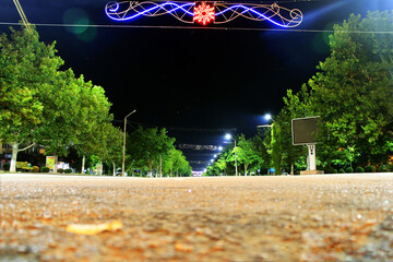 Prospekt Mira in the city of Yuzhny at night in 2016 year