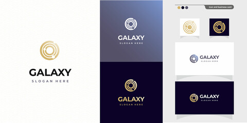 Galaxy Logo template with creative modern concept logo and business card design premium. Orbits planets in round icon for logo IT, concept design from space exploration, astrology. Vector illustration