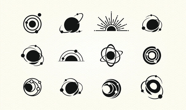 Set of Space icons, Logos. Galaxy signs with Orbitz planets in round icon and radial rays of sunburst for logo IT, ecology, concept design from space exploration, astrology. Vector illustration
