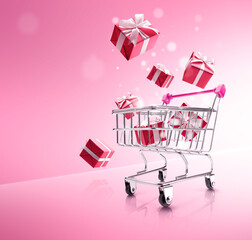 red color gift boxes popping out from shopping cart