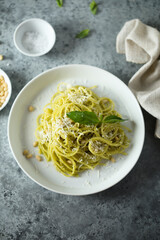Traditional spaghetti with pesto sauce