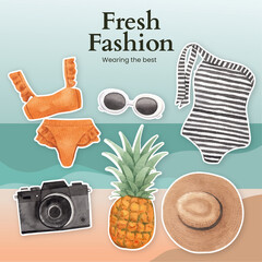 Sticker template with summer outfit fashion concept,watercolor style