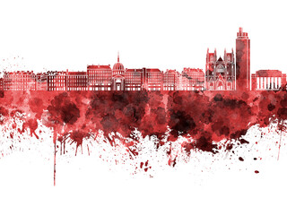 Nantes skyline in red watercolor on white background