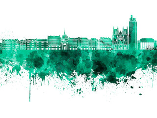 Nantes skyline in green watercolor on white background