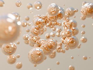 3d render of golden collagen drops, serum or vitamins for skin care and treatment. Abstract chemical background 