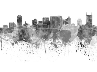 Nashville skyline in black watercolor on white background