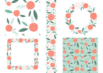 Set of various graphic elements with Floral (Ranunculus). The set consists of a seamless pattern, border and frames.