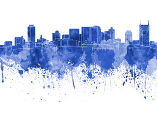 Nashville skyline in blue watercolor on white background