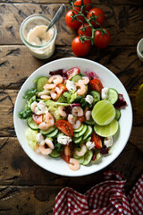 Healthy vegetable salad with shrimps