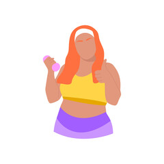 Plus size woman in a sports uniform holding dumbbell show thumb up. Healthy lifestyle, keeping fit, workout, motivation, sport. Body positive overweight woman. Hand drawn flat vector illustration