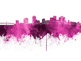 Fototapeta premium New Orleans skyline in pink watercolor on white background