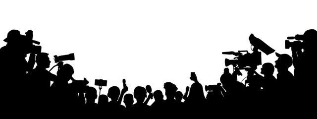 Journalists are interviewing, silhouette. Press conference of reporters. Crowd of people with video cameras and microphones. Vector illustration - obrazy, fototapety, plakaty