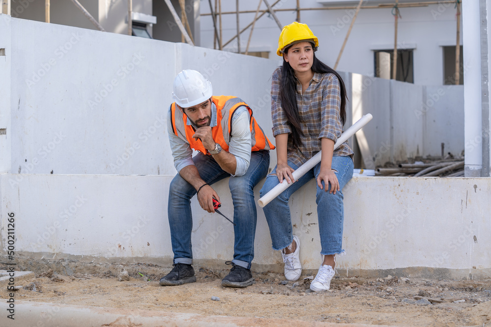 Poster Engineer and architect are stressed at construction site,He is having problems in work,Engineering concept.