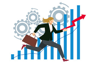 白人のビジネスマンと売上の棒グラフ。ギア歯車 8頭の背の高い女性 ビジネスのインフォグラフィックス