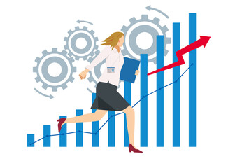 白人のビジネスマンと売上の棒グラフ。ギア歯車 8頭の背の高い女性 ビジネスのインフォグラフィックス