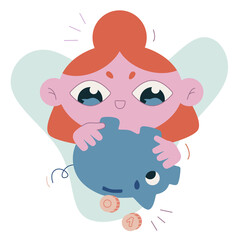 Vector flat cartoon illustration. Finance, budget. The girl shakes the piggy bank with coins. Savings.