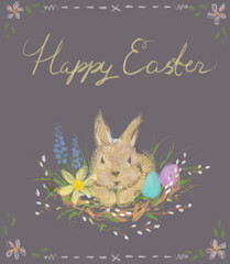 Easter banner or postcard. Easter bunny, eggs and Happy Easter lettering. Pencil drawing. Naive children's style. Pastel range. Cute. Spring. On a grey dove fog graphite lilac vertical background.