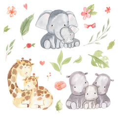 Obraz na płótnie Canvas Watercolor mother and baby elephant, giraffe, hippo. Safari animal illustration for kids