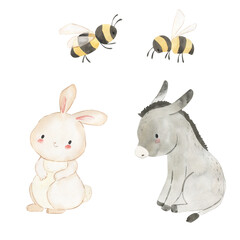 Watercolor donkey, bunny, bees. Illustration for kids