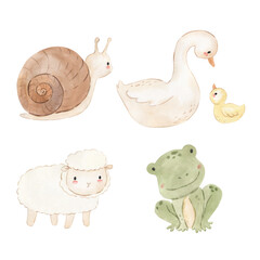 Watercolor snail, goose, sheep, frog. Illustration for kids